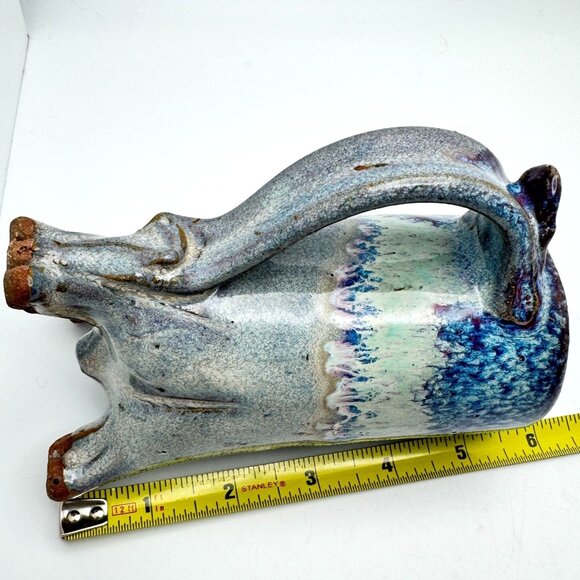Art Pottery Blue Drip Glaze Coffee Mug Thumb Rest Unique Animal-Like Footed Base - Picture 2 of 8